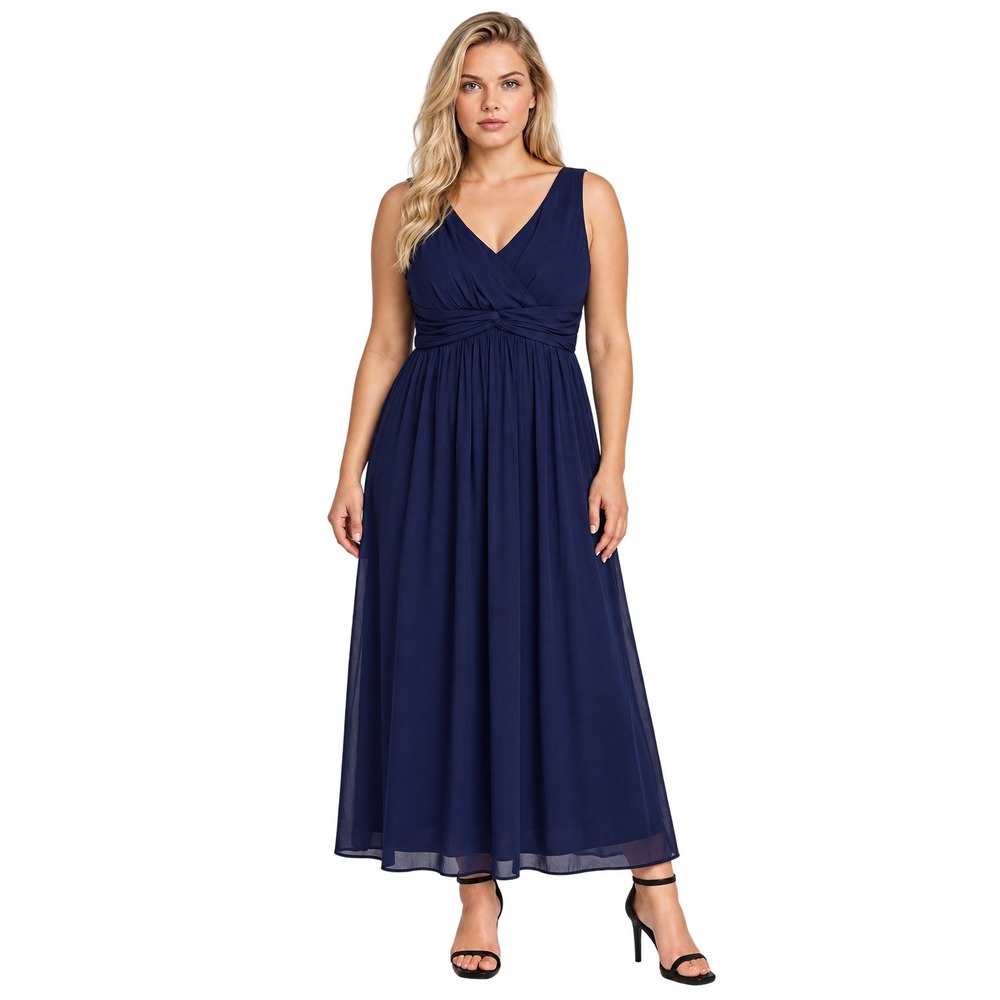 Donna Morgan 100% Silk Maxi Dress Women's Size 14W Navy Blue V-Neck Empire Gown
